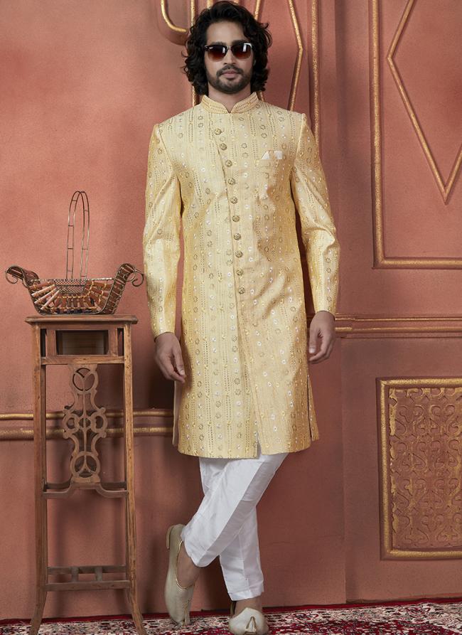 Silk Yellow Wedding Wear Computer Thread Readymade Sherwani Set